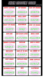 shein codes 2026